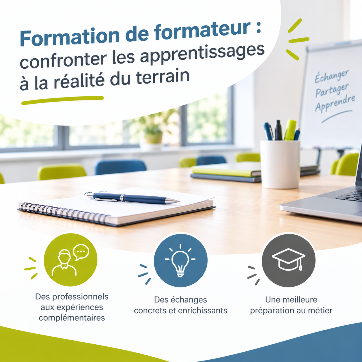 Une salle de formation avec un carnet, un stylo, un ordinateur et un tableau présentant les objectifs d’une formation de formateurs.