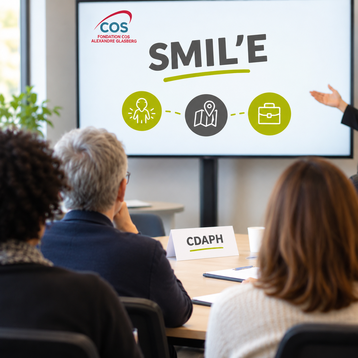 des personnes assises devant un tableau avec ecrit SMIL'E