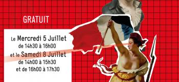 affiche rouge présentant des oeuvres avec des dates et des informations