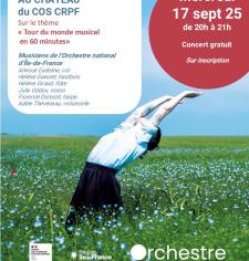 Affiche avec une personne debout dans un champ fleuri, bras levés. Fond bleu ciel. Texte d’annonce dans un encadré blanc à gauche et un cercle rouge à droite. Logos et QR code en bas.