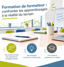 Une salle de formation avec un carnet, un stylo, un ordinateur et un tableau présentant les objectifs d’une formation de formateurs.